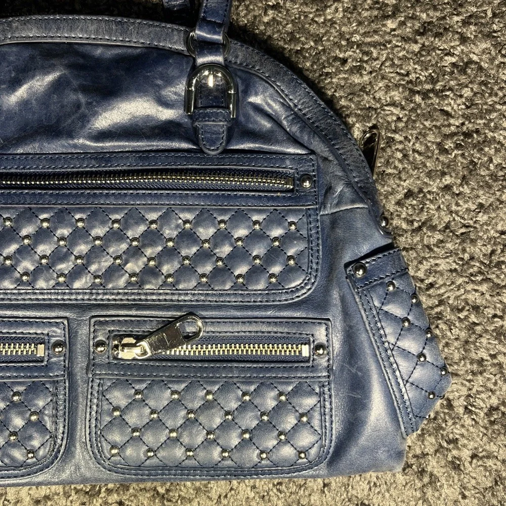 Dark Blue leather studded silver  BADGLEY MISCHKA American Glamour  shoulder bag